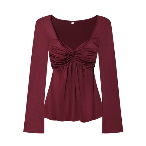 Camiseta Casual de Mujer con Cuello en V y Nudo Delantero Manga Larga Color Vino Tinto Moda Callejera Ajuste Estrecho Top de Poliéster para Primavera Otoño