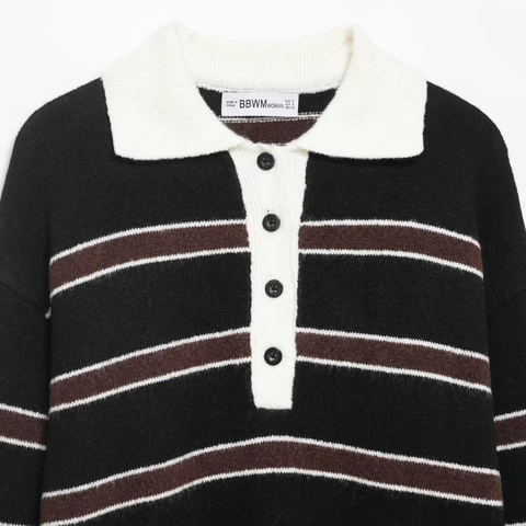 Γυναικείο Casual Ριγέ Πλεκτό Πουλόβερ Polo Μακρυμάνικο Γιακάς Χρωματική Αντίθεση Κουμπιά Μπροστά Πλεκτό Τοπ Φθινόπωρο Χειμώνας