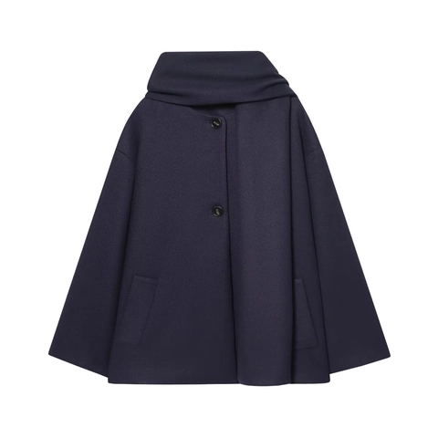 Women Wool Blend Navy Short Coat With Scarf Collar Single Breasted Loose Jacket Warm Autumn Winter Outerwear Pockets