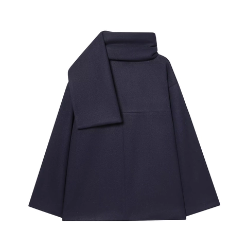 Damen Vintage Marineblau Wollcape Mantel Schalkragen Einreihig Locker Mittellang Wollmischung Oberbekleidung Für Herbst Winter