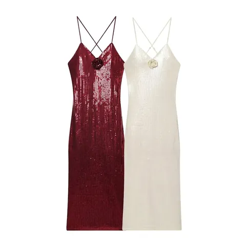 Elegante V-hals Pailletten Slipjurk Met 3D Bloemen Gekruiste Rug Bodycon Midi Avondjurk Feestjurk Voor Dames