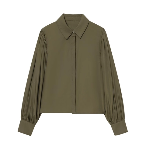Camisa de Popelina Verde Oliva Casual para Mujer Manga Abullonada Tapeta Oculta Hombro Plisado Color Sólido Blusa
