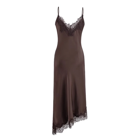 Abito Maxi da Donna Sexy Senza Schienale in Pizzo Satin Scollo a V Patchwork Orlo Asimmetrico Elegante Party Vestito Lungo