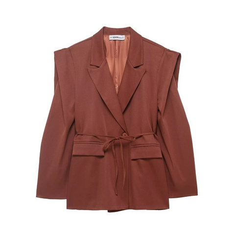 Women Casual Rust Red Notch Lapel Blazer With Waist Tie Fashion Wide Shoulder Double Layer Sleeve Streetwear Jacket