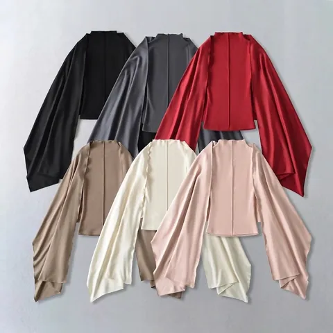 Women Stand Collar Long Sleeve Base Top And Shawl Set Slim Fit Suede Touch Solid Color Casual Chic Two Piece Outfit