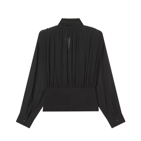 Chemisier Élégant en Mousseline Noire pour Femme Col à Nœud Manches Longues Chemise Plissée Hauts de Bureau Mode Couleur Unie