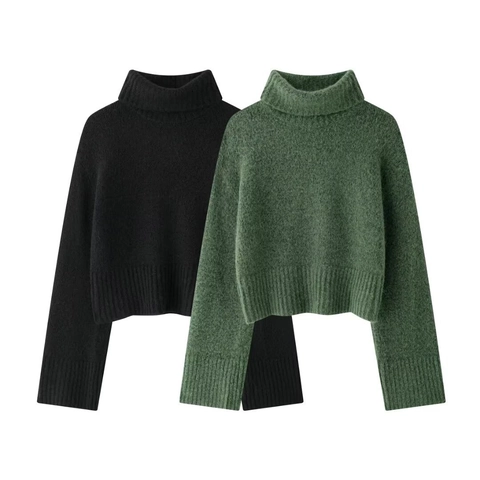 Pull en Tricot à Col Montant pour Femme Décontracté Manches Longues Pullover Court Couleur Unie Épais Chaud Tricot Nervuré