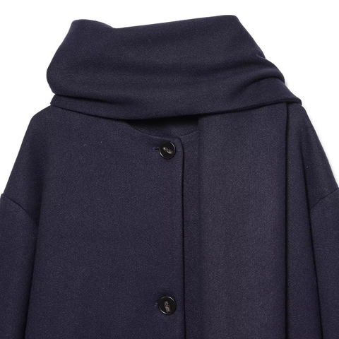 Women Wool Blend Navy Short Coat With Scarf Collar Single Breasted Loose Jacket Warm Autumn Winter Outerwear Pockets