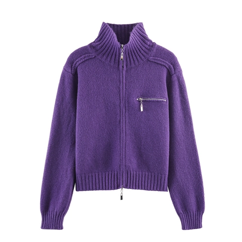 Chaqueta de Punto Casual para Mujer con Cremallera Cuello Alto Manga Larga Rebeca Color Sólido Abrigo Holgado