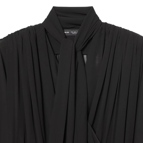Elegant Black Pleated Chiffon Blouse For Women Long Sleeve Pussy Bow Tie Neck Shirt Slim Fit Office Commute Lady Top
