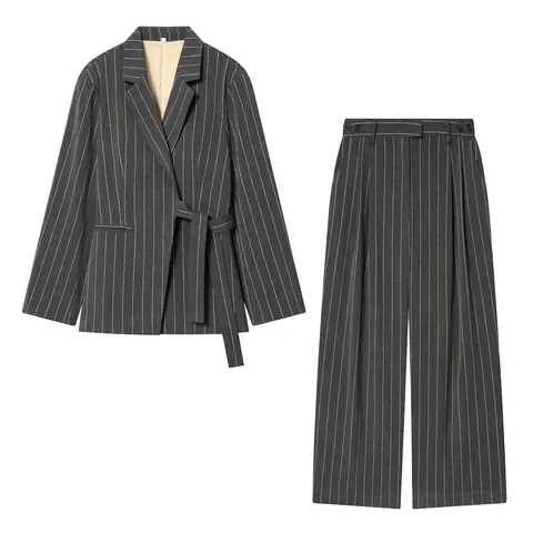 Conjunto De Blazer Gris Oscuro Con Rayas Diplomáticas Y Pantalones De Pierna Ancha Para Mujer Ropa De Oficina Traje De Dos Piezas