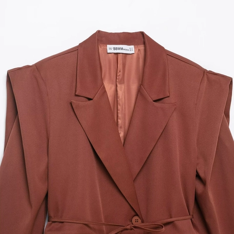 Women Casual Rust Red Notch Lapel Blazer With Waist Tie Fashion Wide Shoulder Double Layer Sleeve Streetwear Jacket