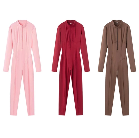 Women Mock Neck Long Sleeve Zipper Slim Fit Jumpsuit Solid Color Spandex Stretchy Yoga Fitness Catsuit One Piece Bodysuit