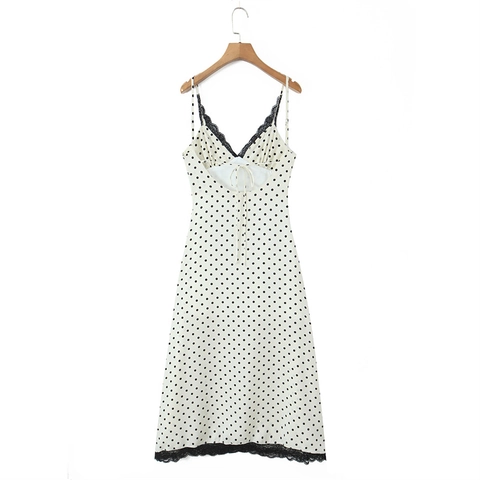 Women Vintage Polka Dot Midi Dress With Black Lace Trim V Neck Sleeveless Slim Fit Cami Sundress For Summer Holiday Party