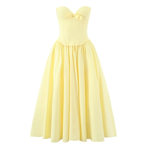 Women Vintage Corset Tube Top Dress With Bow Elegant Boning Pleated High Waist A-Line Midi Dress For Party Casual
