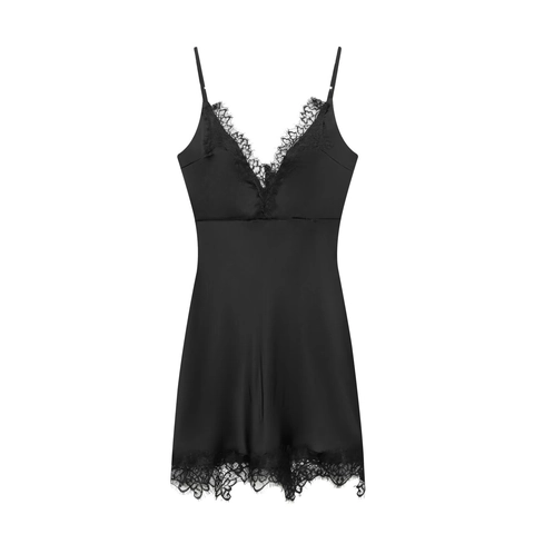 Abito Sottoveste in Raso Sexy da Donna con Patchwork in Pizzo Scollo a V Senza Maniche a Vita Alta Mini Abito Aderente per Feste