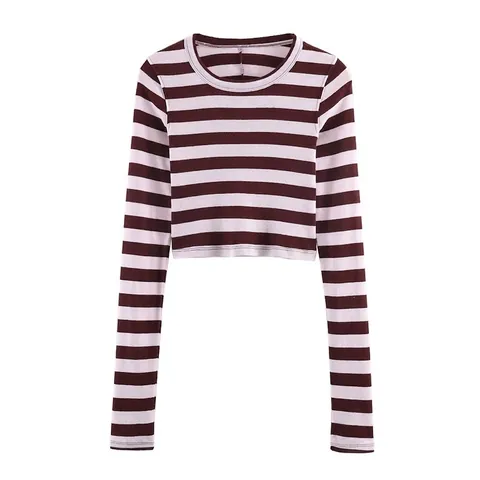 Jersey de Punto a Rayas para Mujer Corte Corto Manga Larga Cuello Redondo Top Ajustado Moda Streetwear Prendas de Punto