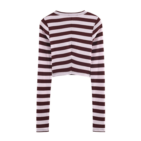 Jersey de Punto a Rayas para Mujer Corte Corto Manga Larga Cuello Redondo Top Ajustado Moda Streetwear Prendas de Punto