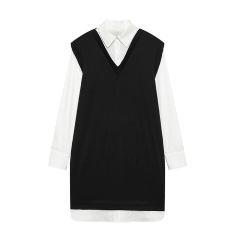 Women's Casual Fake Two-Piece Dress Knitted V-Neck Vest Contrast White Shirt Dress Long Sleeve Ribbed Midi Dress Daily Outfits