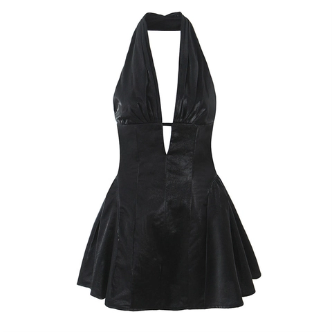 Vestito da Donna Sexy Halter Scollo a V Schiena Scoperta Plissettato Lucido Raso Poliestere Vestito Mini a Trapezio per Festa