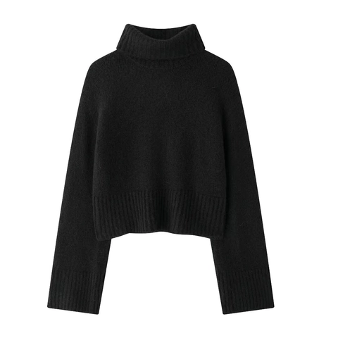 Pull en Tricot à Col Montant pour Femme Décontracté Manches Longues Pullover Court Couleur Unie Épais Chaud Tricot Nervuré