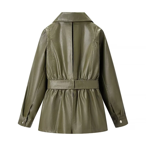 Giacca Elegante da Donna in Pelle PU Verde Oliva Con Cintura Revers Cerniera Capispalla in Ecopelle Manica Lunga Cappotto di Media Lunghezza