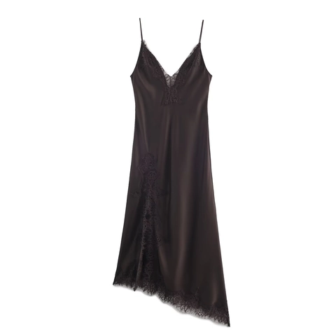 Women Elegant Satin Lace Maxi Dress V-Neck Backless Asymmetrical Hem Coffee Spaghetti Strap Sleeveless Party Long Dress