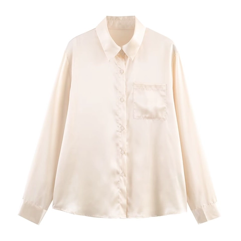 Women's Elegant Satin Long Sleeve Blouse Solid Color Button Down Shirt With Pocket Casual Loose Fashion Top Ladies Office