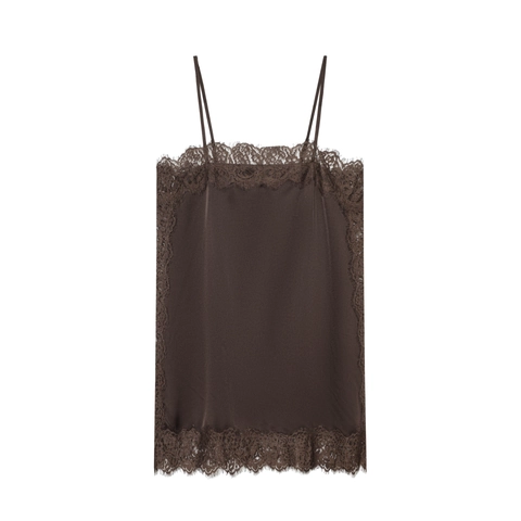 Top a Canotta da Donna Sexy in Raso con Finiture in Pizzo Spalline Sottili Scollo a V Schiena Scoperta Slim Fit Caffè