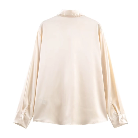 Women's Elegant Satin Long Sleeve Blouse Solid Color Button Down Shirt With Pocket Casual Loose Fashion Top Ladies Office