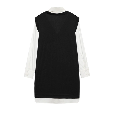 Women's Casual Fake Two-Piece Dress Knitted V-Neck Vest Contrast White Shirt Dress Long Sleeve Ribbed Midi Dress Daily Outfits