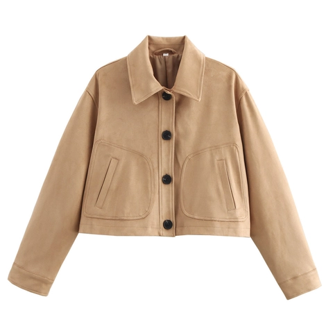 Women Fashion Faux Suede Cropped Jacket Lapel Long Sleeve Solid Color Outerwear Casual Workwear Style Top With Large Pockets