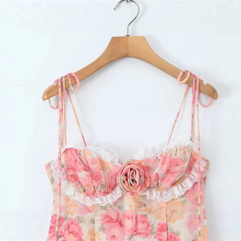 Vestido Midi Floral Francés Ajustado Dobladillo Irregular Con Rosa 3D Ribete De Encaje Sin Mangas Fiesta