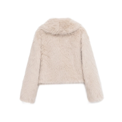 Damen Mode Kunstpelz Kurzjacke Reverskragen Plüsch Oberbekleidung Langarm Dick Warm Streetwear Mantel Creme Off-White