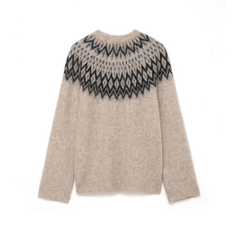 Pull en Tricot à Col Rond pour Femmes Fair Isle Vintage Jacquard Géométrique Manches Longues Pullover Douce Peluche Chaude Hiver