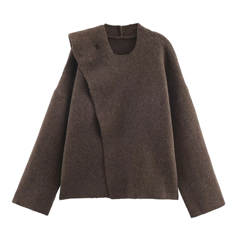 Women's Asymmetric Scarf Collar Knit Sweater Solid Color Long Sleeve Loose Casual Streetwear Winter Autumn Knitted Top