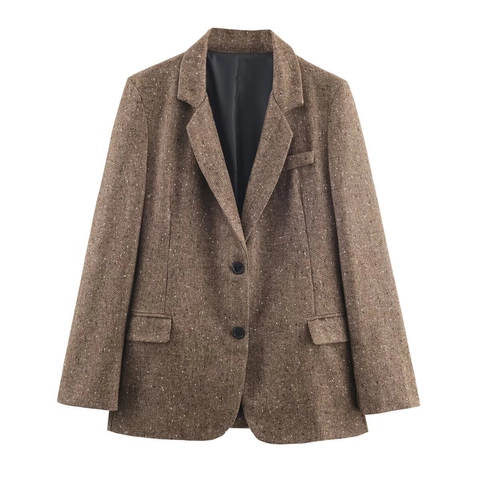 Chaqueta Americana Vintage Marrón Espiga de Tweed para Mujer Cuello Solapa Botonadura Sencilla Manga Larga Casual Estilo Británico