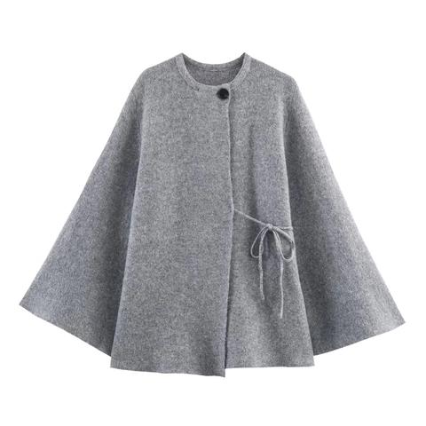 Damen Elegant Grau Strickjacke Cape Mantel Rundhals Einzelknopf Seitenbindung Weich Polyester Strickpullover Oberbekleidung