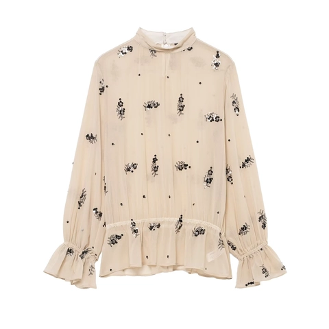 Elegante Pailletten Bloem Col Blouse Dames Half Transparante Lange Mouw Ruffle Zoom Abrikoos Chiffon Top Shirt
