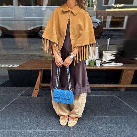 Women Vintage Faux Suede Fringe Poncho Cape Elegant Lapel Solid Color Tassel Hem Bohemian Western Style Outerwear Jacket