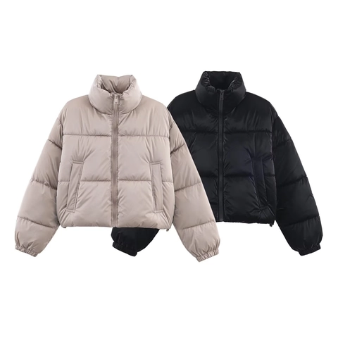 Women's Casual Short Puffer Jacket Stand Collar Zipper Quilted Padded Coat Loose Fit Solid Color Autumn Winter Outerwear
