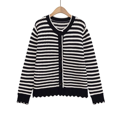 Women Striped Knit Cardigan Scalloped Edge Button Up Crew Neck Long Sleeve Casual Streetwear Loose Sweater Coat For Women Fashion