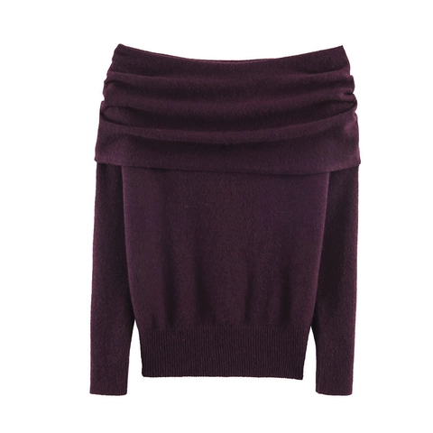 Maglione da Donna Sexy Spalle Scoperte Scollo a V Rosso Vino Manica Lunga Morbido Caldo Pullover Invernale