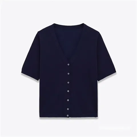 Women Casual V Neck Short Sleeve Knitted Cardigan Navy Blue Single Breasted Slim Fit Button Down Knit Sweater Top