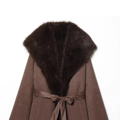 Women's Winter Long Faux Fur Suede Coat With Belt Elegant Large Lapel Faux Fur Collar Thick Warm Reversible Trench Jacket