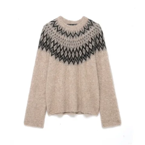 Suéter de Punto Fair Isle para Mujer Aspecto Mohair Esponjoso Patrón Geométrico Cuello Redondo Manga Larga Pullover Vintage
