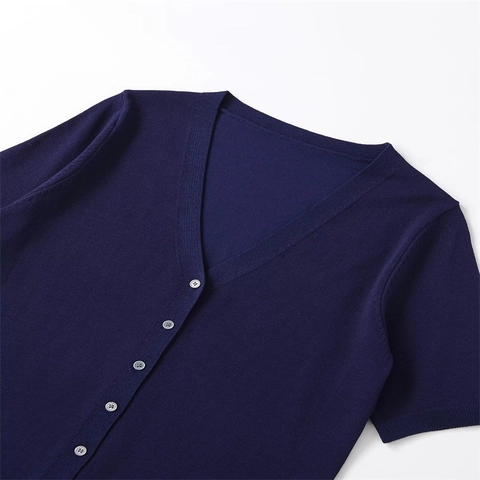 Women Casual V Neck Short Sleeve Knitted Cardigan Navy Blue Single Breasted Slim Fit Button Down Knit Sweater Top