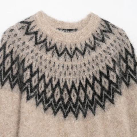 Suéter de Punto Fair Isle para Mujer Aspecto Mohair Esponjoso Patrón Geométrico Cuello Redondo Manga Larga Pullover Vintage