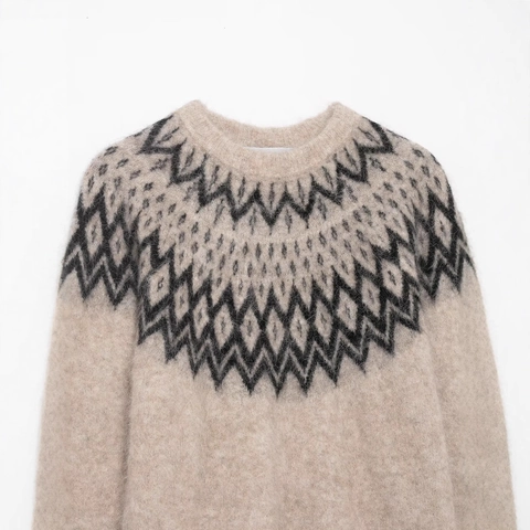 Pull en Tricot à Col Rond pour Femmes Fair Isle Vintage Jacquard Géométrique Manches Longues Pullover Douce Peluche Chaude Hiver