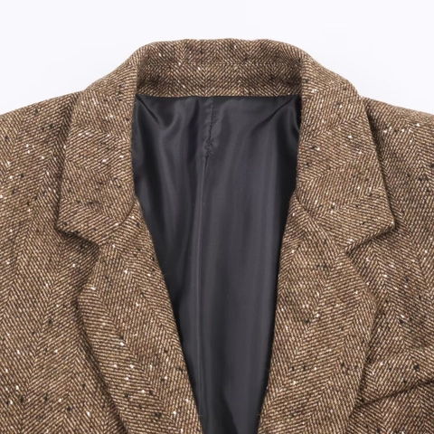 Chaqueta Americana Vintage Marrón Espiga de Tweed para Mujer Cuello Solapa Botonadura Sencilla Manga Larga Casual Estilo Británico